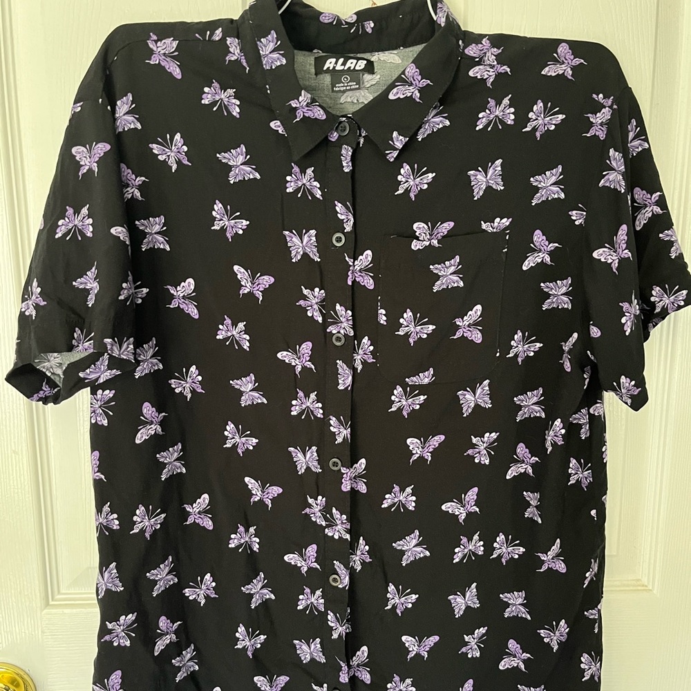 Black Button Up with Purple Butterflies